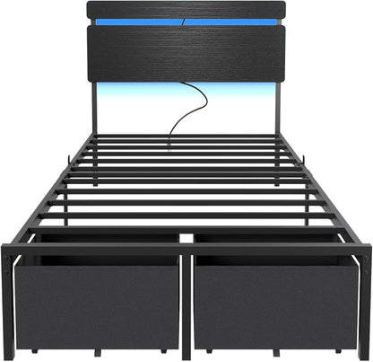 Forestell Twin Bed Frame with Wood Headboard,2 Storage Drawers & Shelf | Built-in Charging Station & LED Lights, Metal Support, No Box Spring Needed, noise-free, easy assembly, Smart RGB, USB+Type-C