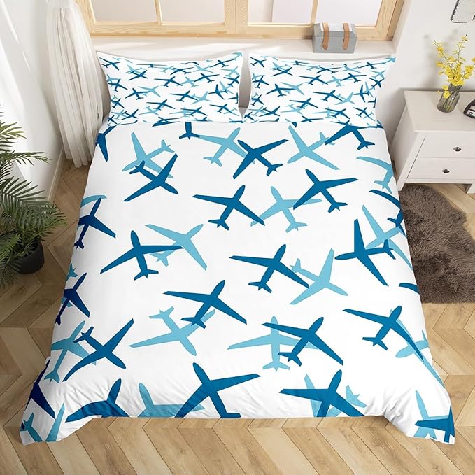 Castle Fairy Kids Aircraft Bedding Set Cartoon Transportation Vehicles Duvet Cover Set Boys Airplane Comforter Cover Blue White Bedspread Cover Bedroom Quilt Cover Full with 2 Pillowcase,No Comforter