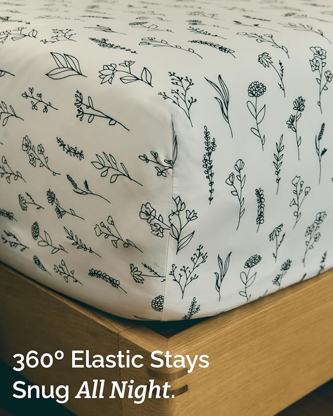 Floral Sheets - Black & White Floral Bed Sheet Set - 1 Flat, 1 Fitted & 1 Pillowcase w/ Deep Pockets - Comfy, Wrinkle & Fade Free - Boho Botanical Bedding - Breathable and Cooling - Twin XL Size Set
