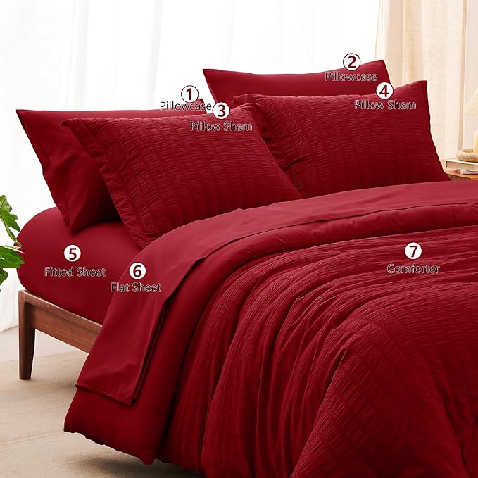 CozyLux Full Size Comforter Sets with Sheets 7 Pieces, Dark Red Seersucker Bed in a Bag Textured Luxury Soft Bedding Set with Down Alternative Comforter, Sheets, Pillowcases & Shams for All Season
