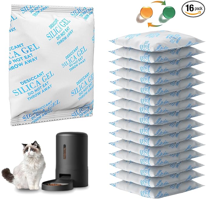 16 Packs Pet Food Desiccant Bag Compatible with PETLIBRO/PETKIT Automatic Cat Feeder, Desiccant Packs Replacement with Color Indicating for Automatic Pet Feeder(Individually Packaged)