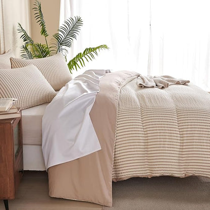 Comforter King Set Beige Striped Soft Luxury Washed Microfiber Jacquard 3 Pieces Bedding, White Beige Vertical Ticking Stripes Pattern Comforter with 2 Pillowcases Breathable Durable Comfy