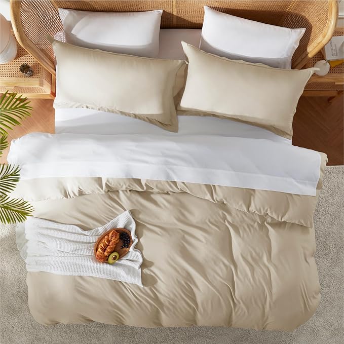 Nestl Beige Cream Duvet Cover King Size - Soft Double Brushed King Duvet Cover Set, 3 Piece, with Button Closure, 1 Duvet Cover 104x90 inches and 2 Pillow Shams