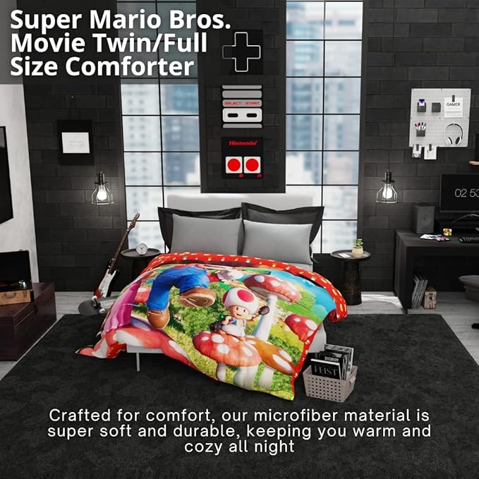 The Super Mario Bros. Movie Kids Bedding Super Soft Microfiber Reversible Comforter, Twin/Full Size 72" x 86", (100% Official Licensed Product) by Franco