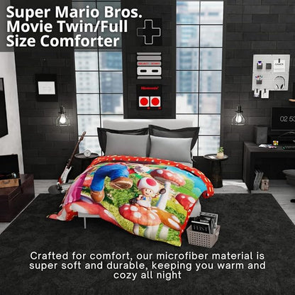 The Super Mario Bros. Movie Kids Bedding Super Soft Microfiber Reversible Comforter, Twin/Full Size 72" x 86", (100% Official Licensed Product) by Franco