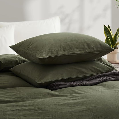 LOVQUE Olive Green Cotton Duvet Cover King Size, Linen Like Natural Bedding Set with Zipper Closure (No Comforter), 104x90 Inches