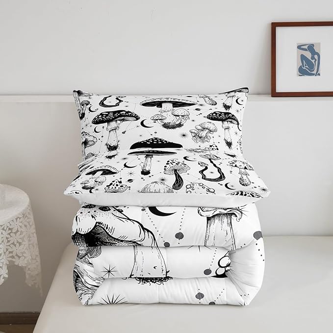 Castle Fairy Wild Mushroom Comforter Set King Size,Abstract Sun Moon Starry Bedding Set Gothic Plants Quilt Set for Kids Boys Teens Room Decor,Black White Sketch Style Duvet Insert with 2 Pillowcases