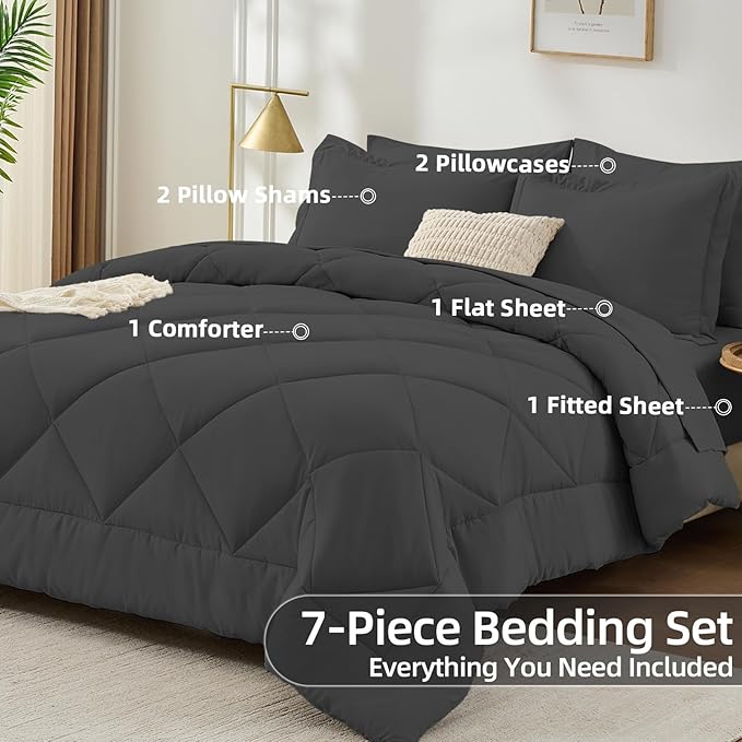 FUANNA 7 Pieces King Size Comforter Set, All Season Bed in a Bag King Size, Luxury Soft Bedding Sets with Comforter, Flat Sheet, Fitted Sheet, Pillowcases & Pillow Shams, Dark Grey