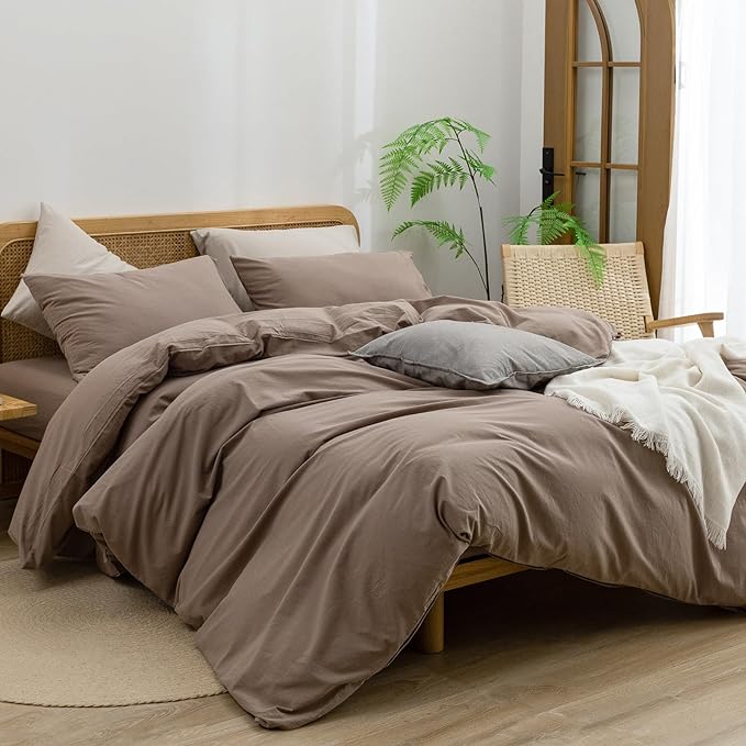 BESTOUCH Duvet Cover Set 100% Washed Cotton Linen Feel Super Soft Comfortable Chic Lightweight 3 PCs Home Bedding Set Solid Pine Bark Brown Super Queen