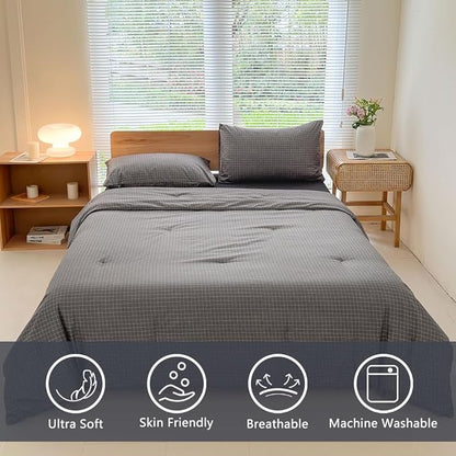 NSNLGSGC Twin Comforter Set, Dark Gray Plaid Bedding Sets, Charcoal Grid Bed Comforter 2 Pieces (1 Comforter, 1 Pillowcase)