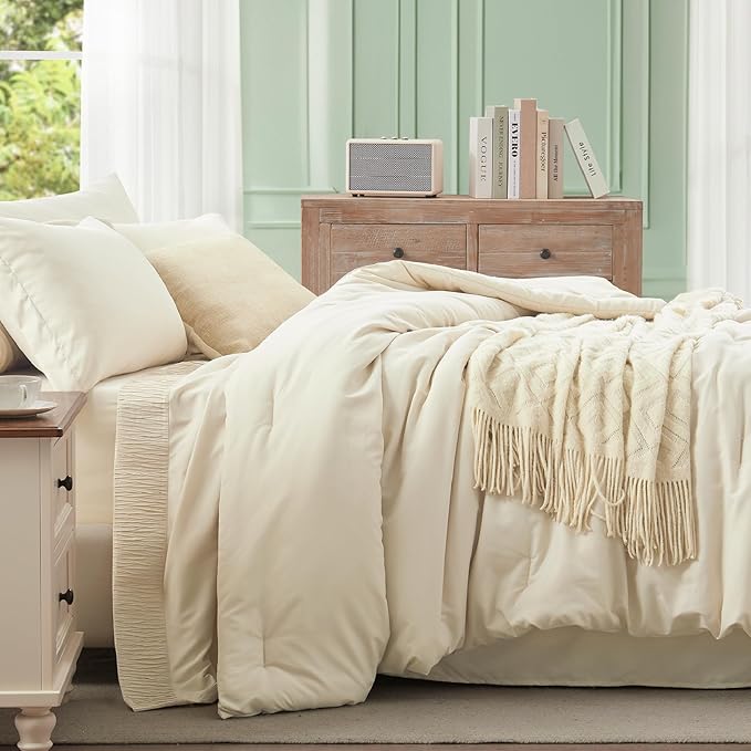 Anluoer Cream King Comforter Set 7 Pieces, Bed in a Bag with Sheets, All Season Bedding Sets with 1 Comforter, 2 Pillow Shams, 2 Pillowcases, 1 Flat Sheet, 1 Fitted Sheet