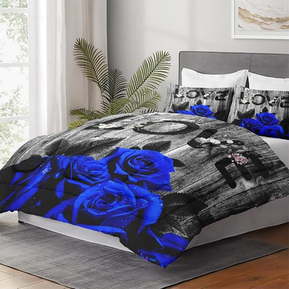 Full Size Comforter Set with 2 Pillowcases, Dark Blue Rose Flower 3 Pcs Bedding for Kids and Adults, Summer Vintage Woodboard Soft Comforter Set for Bedroom Bed Decor