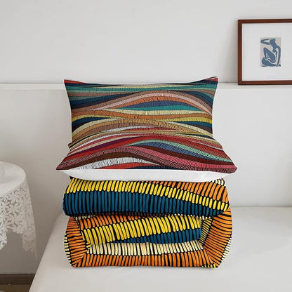 Boho Comforter Set Queen Bohemian Wavy Bedding Rainbow Embroidered Waves Bedding Comforter Sets Geometric Tribal Ethnic Bedroom Decor Colorful Abstract Lightweight Duvet Insert for Adult