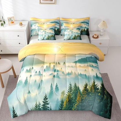 Erosebridal Smoky Mountain King Comforter Set with Sheets 7 Piece Gold Sun Sunrise Bed in A Bag Woodland Pine Tree Bedding Sets for Kids Adults,Natrue Bed Set