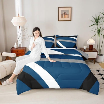 Erosebridal Blue Gray Black Striped Toddler Comforter Modern Abstract Bedding Set Geometric Lines Duvet Insert Aesthetic Boho Bed Sets