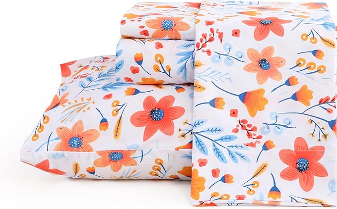 JSD Floral Printed Sheet Set King Size, 4 Piece Flower Pattern Microfiber Bed Sheets Deep Pocket