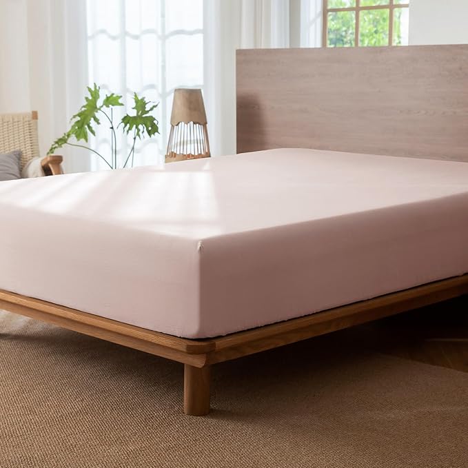 MooMee Fitted Bottom Sheet Only 100% Washed Cotton Linen Like Textured Breathable Durable Soft Comfy Deep Pocket Fits Mattress up to 17" (Greyish Pink, Twin)