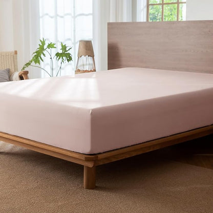 MooMee Fitted Bottom Sheet Only 100% Washed Cotton Linen Like Textured Breathable Durable Soft Comfy Deep Pocket Fits Mattress up to 17" (Greyish Pink, Twin)
