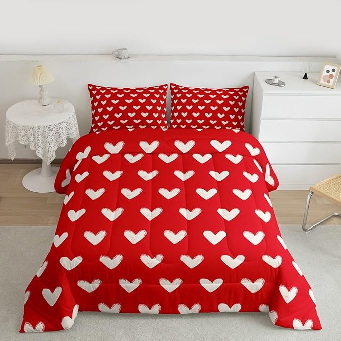 Red White Comforter Set King Size Cute Heart Pattern Bedding For Kids Boys Girls Valentine Day Gift Quilt Cartoon Love Geometric Duvet Insert Love Heart Soft Warm Bedding Sets Bedroom Decor 3Pcs