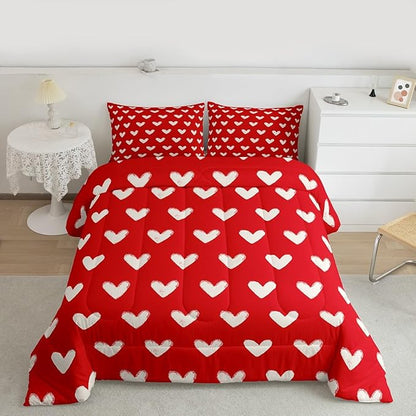 Red White Comforter Set King Size Cute Heart Pattern Bedding For Kids Boys Girls Valentine Day Gift Quilt Cartoon Love Geometric Duvet Insert Love Heart Soft Warm Bedding Sets Bedroom Decor 3Pcs