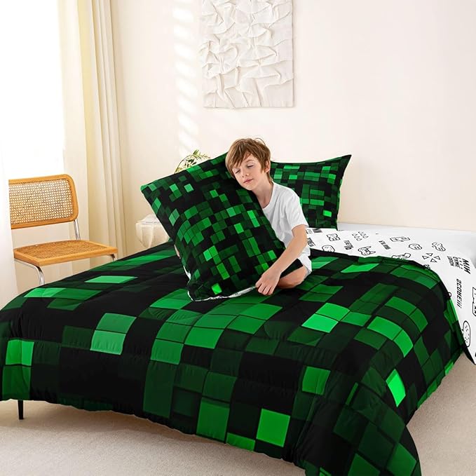 Pixelated Miners Game Kids Comforter Set Full Size,Geometric Check Video Games Bedding Set,Boys Room Decor,Gamepad Camo Grid Quilt Comforter,Black Green Duvet Set Bedroom Quilt Set,2 Pillowcases | Geometric Check, Video Games Bedding, Gamepad Camo Grid...