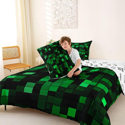 Pixelated Miners Game Kids Comforter Set Full Size,Geometric Check Video Games Bedding Set,Boys Room Decor,Gamepad Camo Grid Quilt Comforter,Black Green Duvet Set Bedroom Quilt Set,2 Pillowcases | Geometric Check, Video Games Bedding, Gamepad Camo Grid...