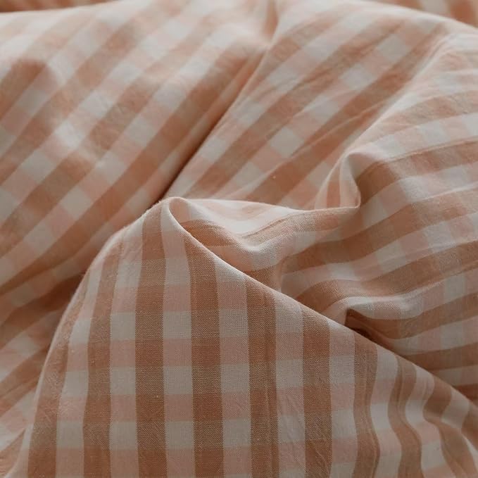 mixinni Vintage Pink Gingham Ruffle Comforter Set 3-Piece Washed Cotton Twin XL Size Grid Bedding Set with Geometric Checkered Pattern, Farmhouse Chic Soft Fluffy Comforter for All-Season