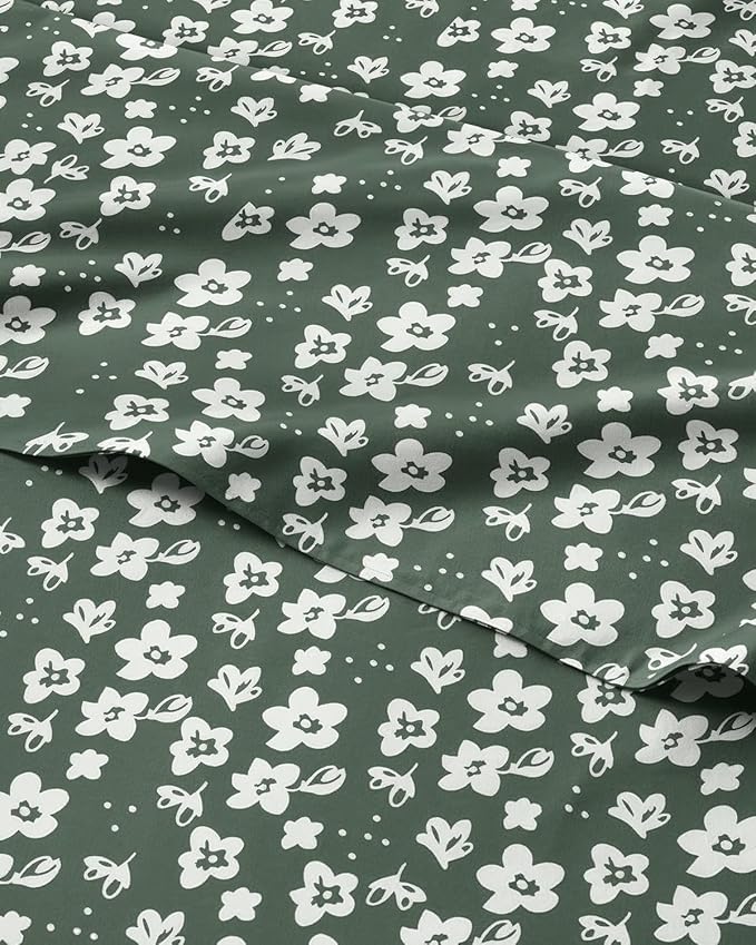 Floral Sheets - Green Floral Bed Sheet Set - 1 Flat, 1 Fitted & 1 Pillowcase w/ Deep Pockets - Comfy, Wrinkle & Fade Free - Boho Botanical Bedding - Ultra-Soft, Breathable and Cooling - Twin Size Set