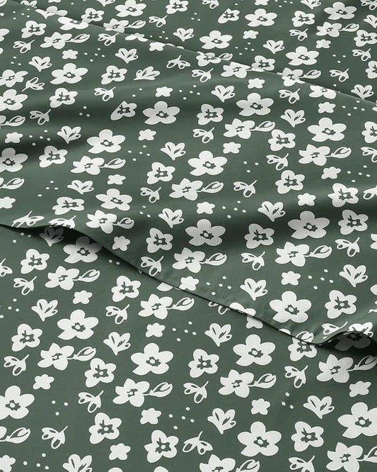 Floral Sheets - Green Floral Bed Sheet Set - 1 Flat, 1 Fitted & 2 Pillowcases w/ Deep Pockets - Comfy, Wrinkle & Fade Free - Boho Botanical Bedding - Ultra-Soft, Breathable & Cooling - Queen Size Set