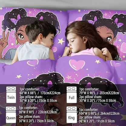 African American Black Girl Comforter Set King Size,Cute Black Girl Bedding Set King for Kids,Kawaii Heart Comforter Purple Bedding Decor for Teen,Purple Bed Quilt