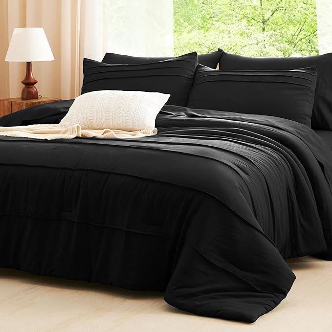 CozyLux Queen Comforter Set Black, 7 Pieces Soft Pinch Pleat Bed in a Bag Queen Comforter Set with Sheets, Boho Bed Set with Down Alternative Comforter, Sheets, Pillowcases & Shams