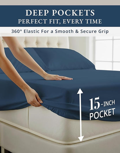LANE LINEN 100% Egyptian Cotton Bed Sheets Twin Size, Long Staple Mercerized Cotton Bedding Sheets, Luxury Hotel Like Thick 15 inch Deep Pocket Sheets Set, Reinforced French Seams - Estate Blue