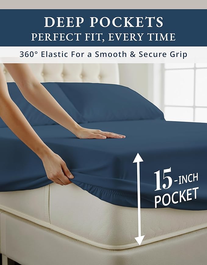LANE LINEN 100% Egyptian Cotton Bed Sheets Full Size, Long Staple Mercerized Cotton Bedding Sheets, Luxury Hotel Like Thick 15 inch Deep Pocket Full Sheet, Reinforced French Seams -Estate Blue