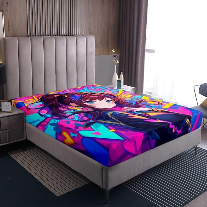 Erosebridal Anime Girl Queen Fitted Sheet, Japanese Anime Bed Sheets for Kids Girls Teens Adult Bedroom, Cartoon Girl Bedding Set Kawaii Japanese Animation Sheets 3 Piece, Purple