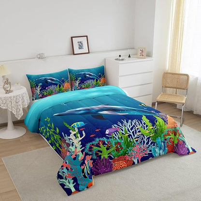 Castle Fairy Cute Dolphin Kids Boys Girls Comforter Set Full Size,Ocean Fish Coral Duvet Sets Teens Bedroom Decor,Cartoon Undersea Boys Girls Blue Underwater Brushed Microfiber Soft Bedding Comforter