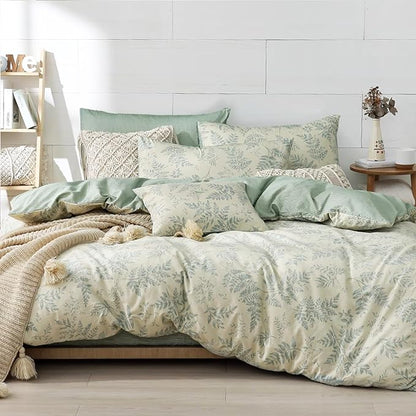 Botanical Cotton Comforter Queen Size - Dusty Green Comforter Printed with Luxurious Greyish-Green Ferns on Beige,Reversible Lightweight Bedding Sets 3Pcs(90"×90")