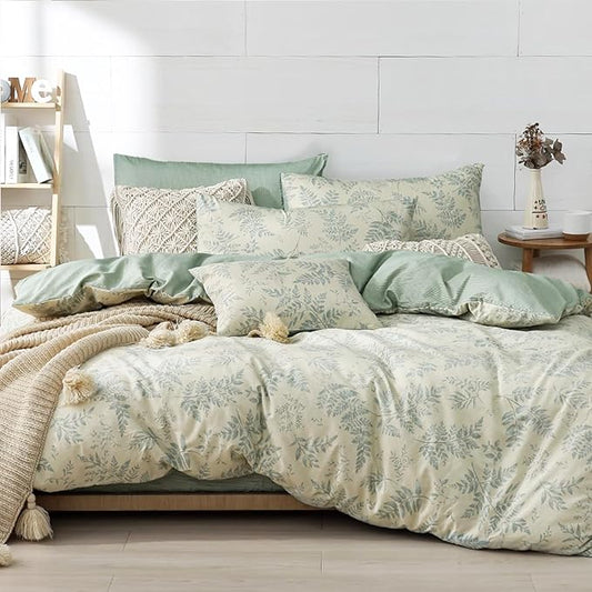 Botanical Cotton Comforter Queen Size - Dusty Green Comforter Printed with Luxurious Greyish-Green Ferns on Beige,Reversible Lightweight Bedding Sets 3Pcs(90"×90")