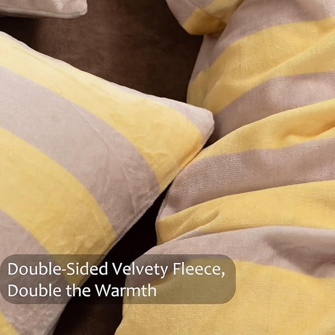 Bedbay Yellow Striped Comforter Set Queen Size Luxury Fleece Fluffy Queen Comforter Set Plush Flannel Bedding Yellow Stripes Pattern Bed Set Soft Warm Velvet Bedding Comforter for All Seasons
