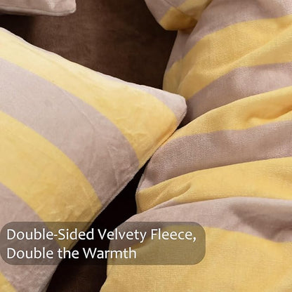 Bedbay Yellow Striped Comforter Set King Size Luxury Fleece Fluffy Comforter Set Plush Flannel Bedding Yellow Stripes Pattern Bed Set Soft Warm Velvet Bedding Comforter for All Seasons