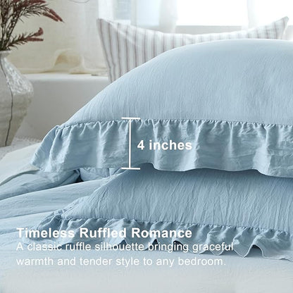 Blue Ruffle Comforter Set Twin, Pre-Washed Shabby Chic Bedding Set, Lightweight Cottagecore Soft Romantic Cozy 1 Comforter & 1 Sham, All-Season