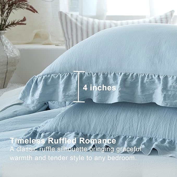 Blue Ruffle Comforter Set Queen, Pre-Washed Shabby Chic Bedding Set, Lightweight Cottagecore Soft Romantic Cozy 1 Comforter & 2 Shams, All-Season