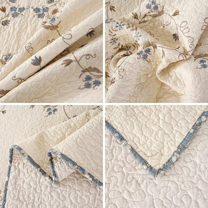 vctops 3-Piece Elegant Floral Embroidered Bedspread Coverlet Set 100% Cotton Reversible Patchwork 1 Quilt and 2 Pillow Shams Full/Queen, Flower B