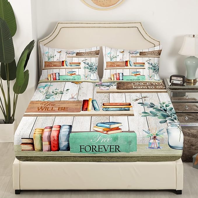 Watercolor Books Bed Sheets Set Reading Time Girls Women Fitted Sheet Rustic Farmhouse Style Bedding Set for Bedroom Decor Floral Leaves Sheets (Full Flat Sheet & Fitted Sheet with 2 Pillow Case)