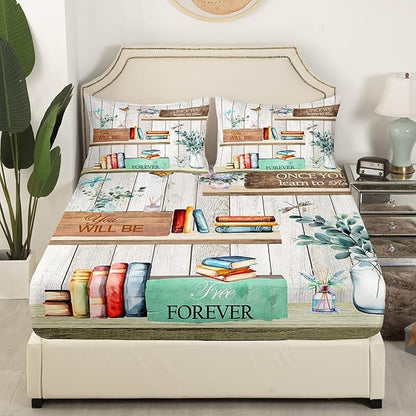 Watercolor Books Bed Sheet Set Reading Time Girls Women Fitted Sheet Rustic Farmhouse Style Bedding Set for Bedroom Decor Floral Leaves Sheet (Queen Flat Sheet & Fitted Sheet with 2 Pillow Case)