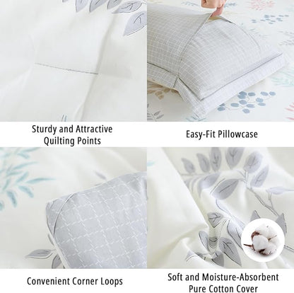 White Cotton Comforter Queen Size 3Pcs - Blue, Beige and Blush Botanicals Pattern on White, Gray Grid Back, Reversible Lightweight Bedding Sets with Soft Fill(Queen, 90"×90")