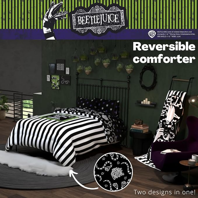 Franco Collectibles Beetlejuice Halloween Striped Bedding 5 Piece Super Soft Reversible Comforter and Sheet Set, Full, (Officially Licensed Product)