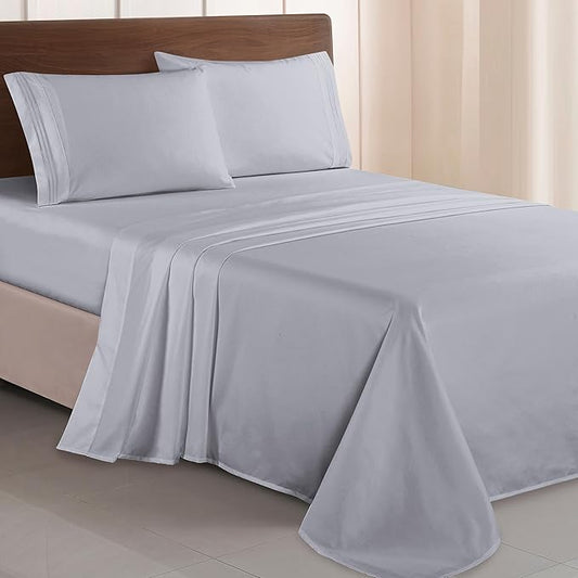 Elegant Comfort Luxurious 1500 Premium Hotel Quality Microfiber Three Line Embroidered Softest 4-Piece Bed Sheet Set, Wrinkle and Fade Resistant, Queen, Silver-Light Grey