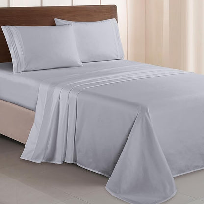 Elegant Comfort Luxurious 1500 Premium Hotel Quality Microfiber Three Line Embroidered Softest 4-Piece Bed Sheet Set, Wrinkle and Fade Resistant, Full, Silver-Light Grey