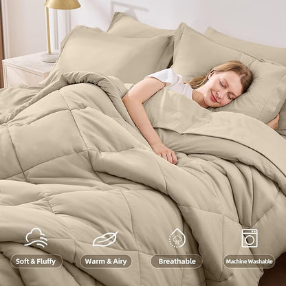 FUANNA 7 Pieces California King Size Comforter Set, All Season Bed in a Bag Cal King Size, Luxury Soft Bedding Sets with Comforter, Flat Sheet, Fitted Sheet, Pillowcases & Pillow Shams, Oatmeal