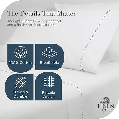 Linen Home 100% Cotton Percale Moon Scallop Hem Pillowcases Queen/Standard Size, Dark Blue, 2 Pieces of Pillow Case, Crisp and Cool Strong Bed Linen, 20 inches X 30 inches